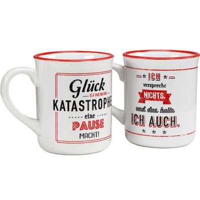 2er Set Kaffee Tasse Becher 300ml rot Steingut mit lustigen Sprüchen