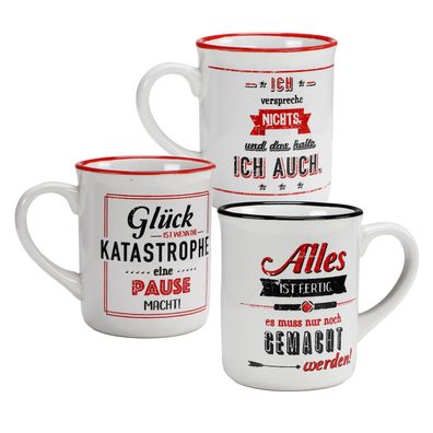 3er Set Kaffee Tasse Becher 300ml Steingut mit lustigen Sprüchen Spruchtassen