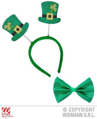 Set St. Patricks Day Haarreif mit Minizylinder Fliege aus glitzer Widmann