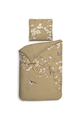 Heckett & Lane Satin Bettwäsche 135x200 Asahi beige gold Magnolie Äste Vögel