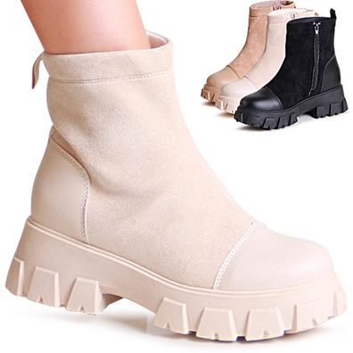 topschuhe24 2538 Damen Plateau Stiefeletten Velours Ankle Boots