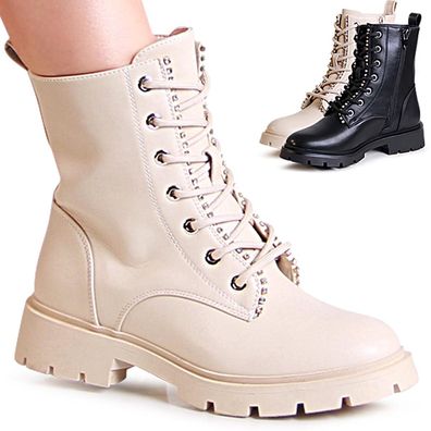 topschuhe24 2560 Damen Plateau Stiefeletten Worker Biker Boots