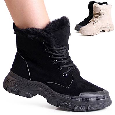 topschuhe24 2598 Damen Winter Velours Stiefeletten Warm Gefüttert