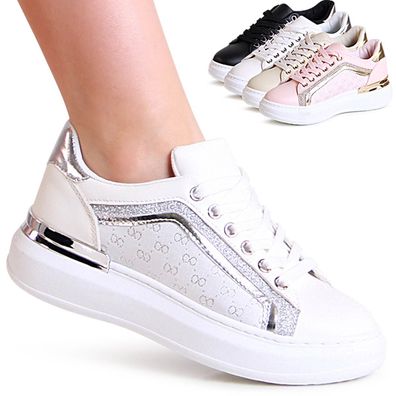 topschuhe24 2362 Damen Print Sneaker Plateau Glitzer Turnschuhe