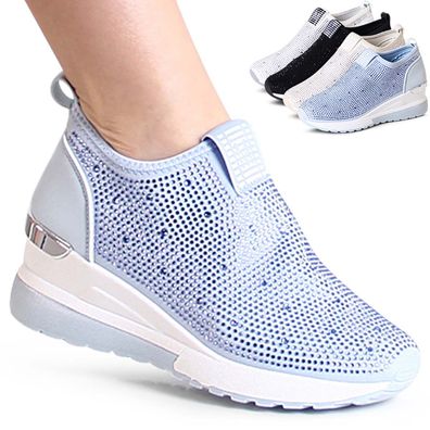 topschuhe24 2711 Damen Keil Sneaker Glitzer Slipper