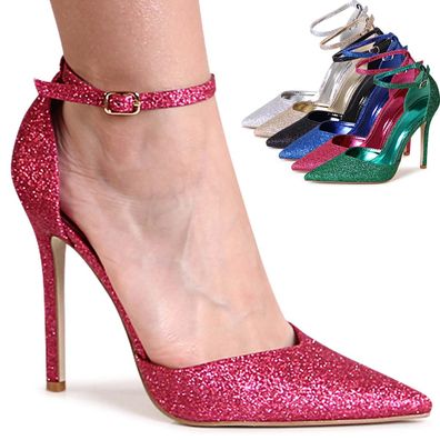 topschuhe24 2670 Damen Riemchen Pumps Spitze Glitzer High Heels