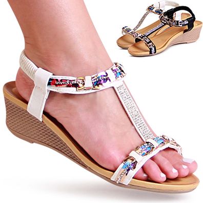 topschuhe24 2482 Damen Keilabsatz Sandalen Glitzer Riemchen Sandaletten