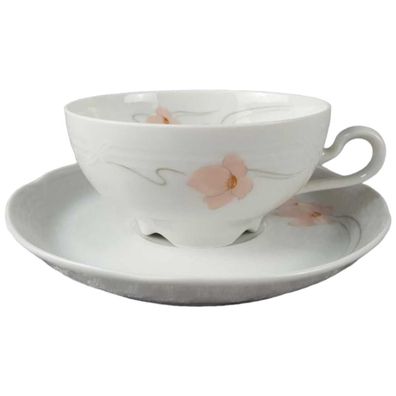 Mokkatasse mit Untertasse Bareuther 4622 rosa Blumen Reliefrand