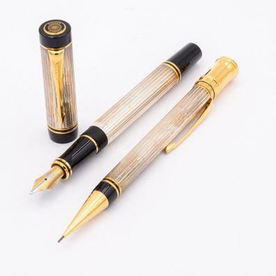 Parker Duofold Set International Godron Silber Füller 18K B Bleistift 0,9mm