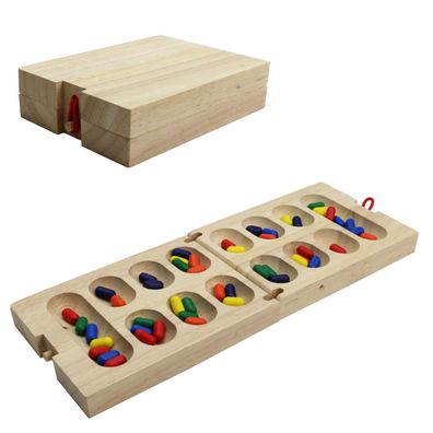 Mini Kalaha Reisespiel Philos Mancala aus Holz mit bunten Spielsteinen