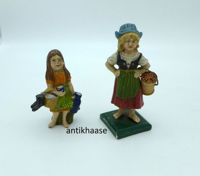 2 alte Zinnfiguren Erzgebirge Marktfrau Mädchen Bäuerin