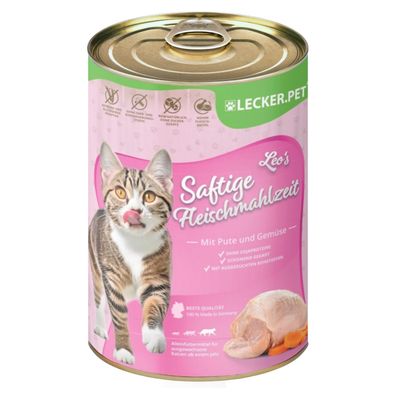 6 - 24 Stk. Lecker. Pet® Leo's Saftige Fleischmahlzeit mit Pute & Gemüse Katzenfutt