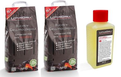 LotusGrill Anzündset Nr.7 - 2x Buchenholzkohle 2,5kg UND 1x Brennpaste 200ml