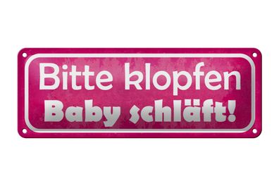 Blechschild Hinweis 27x10cm bitte klopfen Baby schläft rosa Schild