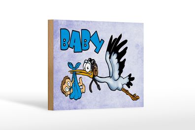 Holzschild Baby 18x12cm Storch bringt Kind in blau