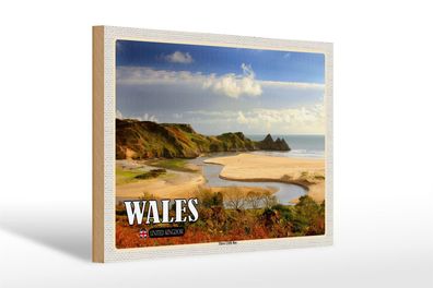 Holzschild Reise 30x20cm Wales Three Cliffs Bay Bucht