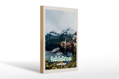 Holzschild Reise 20x30cm Hallstättersee Berge Schiff Berg