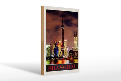 Holzschild Reise 20x30cm Shanghai China Stadt Tower Meer