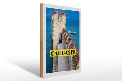 Holzschild Reise 30x40cm Gardasee Italien Boot Gebäude Sommer