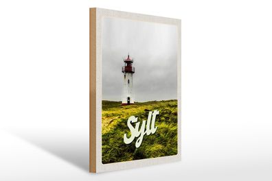 Holzschild Reise 30x40cm Sylt Strand Leuchtturm Wiese