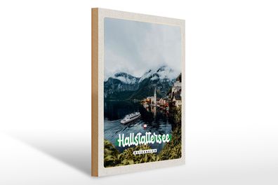 Holzschild Reise 30x40cm Hallstättersee Berge Schiff Boot Berg