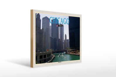 Holzschild Reise 40x30cm Chicago USA Chicago River Fluss Hochhäuser