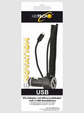 Heitech Kfz-Adapter mit Micro-Ladekabel und 2 USB-Anschlüssen ideal für lange