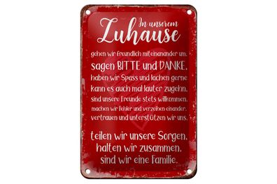 Blechschild Spruch 12x18cm Zuhause sind wir eine Familie