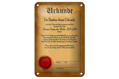 Blechschild Vater 12x18cm Urkunde bester Vater der Welt Dekoration