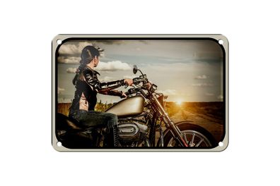 Blechschild Motorrad 18x12cm Frau Girl Sonnenaufgang