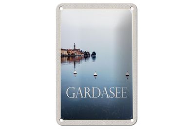 Blechschild Reise 12x18cm Gardasee Italien See Bäume Gebäude Schild