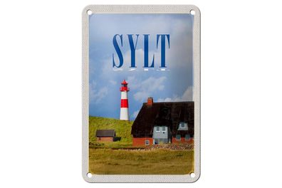 Blechschild Reise 12x18cm Sylt Häuser Dach aus Moos Leuchtturm Schild