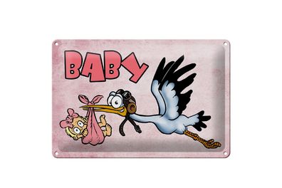 Blechschild Baby 30x20cm Storch bringt Kind rosa