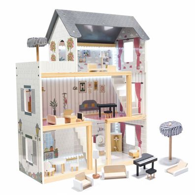 MDF Holzpuppenhaus + Möbel 78cm schwarz LED