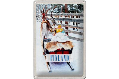 Blechschild Reise 20x30cm Finnland Schnee Kind Hirsch Schlitten