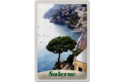 Blechschild Reise 20x30cm Salerno Italien Meer Strand Sonne Boot