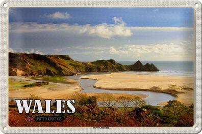 Blechschild Reise 30x20cm WalesThree Cliffs Bay Bucht