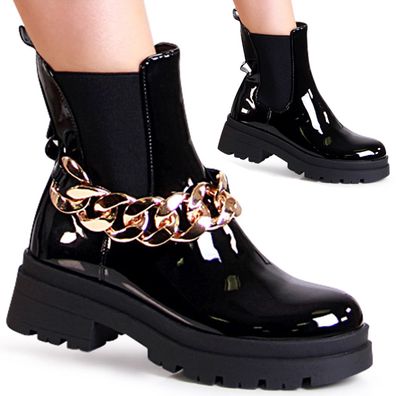 topschuhe24 2246 Damen Plateau Stiefeletten Halb Stiefel Ketten