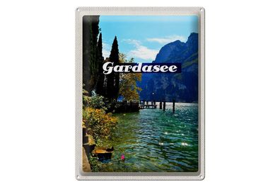 Blechschild Reise 30x40cm Gardasee Italien See Bäume Gebäude