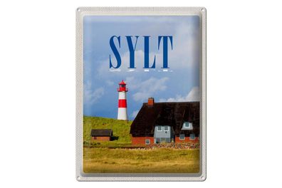 Blechschild Reise 30x40cm Sylt Häuser Dach aus Moos Leuchtturm