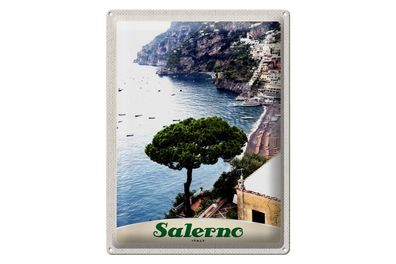 Blechschild Reise 30x40cm Salerno Italien Meer Strand Sonne Boot