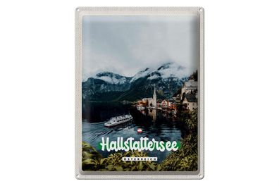 Blechschild Reise 30x40cm Hallstättersee Berge Schiff Boot Berg