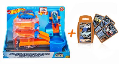 Hot Wheels - City Super Spin Parkhaus mit einem Fahrzeug + Top Trumps Quartett