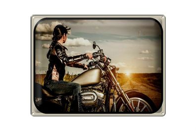 Blechschild Motorrad 40x30cm Frau Girl Sonnenaufgang