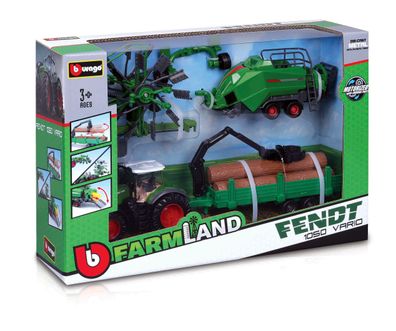 Bburago 18-31668 Traktor Fendt 1050 Vario mit 3 verschiedenen Anhängern (10cm)