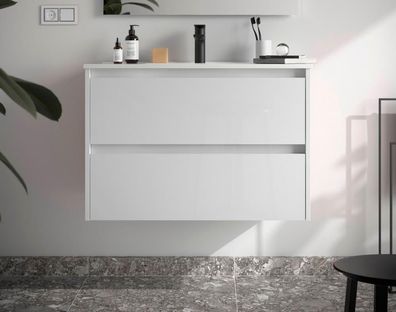 Salgar Noja Unterschrank 800 2 Schubladen + Waschbecken White Gloss