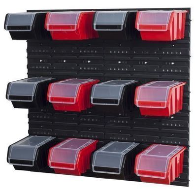 Stapelboxen Set 4 x Wandregal Lagersystem + 12 Boxen in schwarz und rot