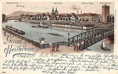 Gruss aus Heilbronn Neckarbrücke Wartberg Eiserner Steeg Postkarte AK 1899