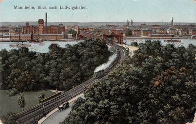 Mannheim Blick nach Ludwigshafen Dampflokomotive Kutsche AK