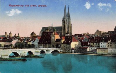 Ansicht Brücke und Regensburg mit stein Bayern Postkarte AK